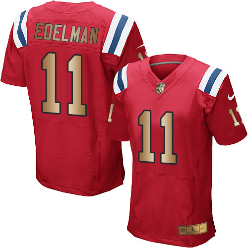 Nike Patriots #11 Julian Edelman Red Alternate Men's Stitched NFL Elite Gold Jersey - Click Image to Close